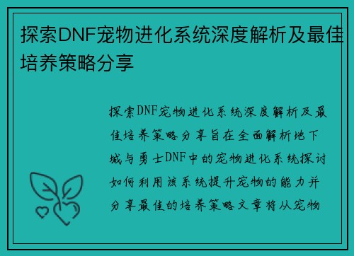 探索DNF宠物进化系统深度解析及最佳培养策略分享